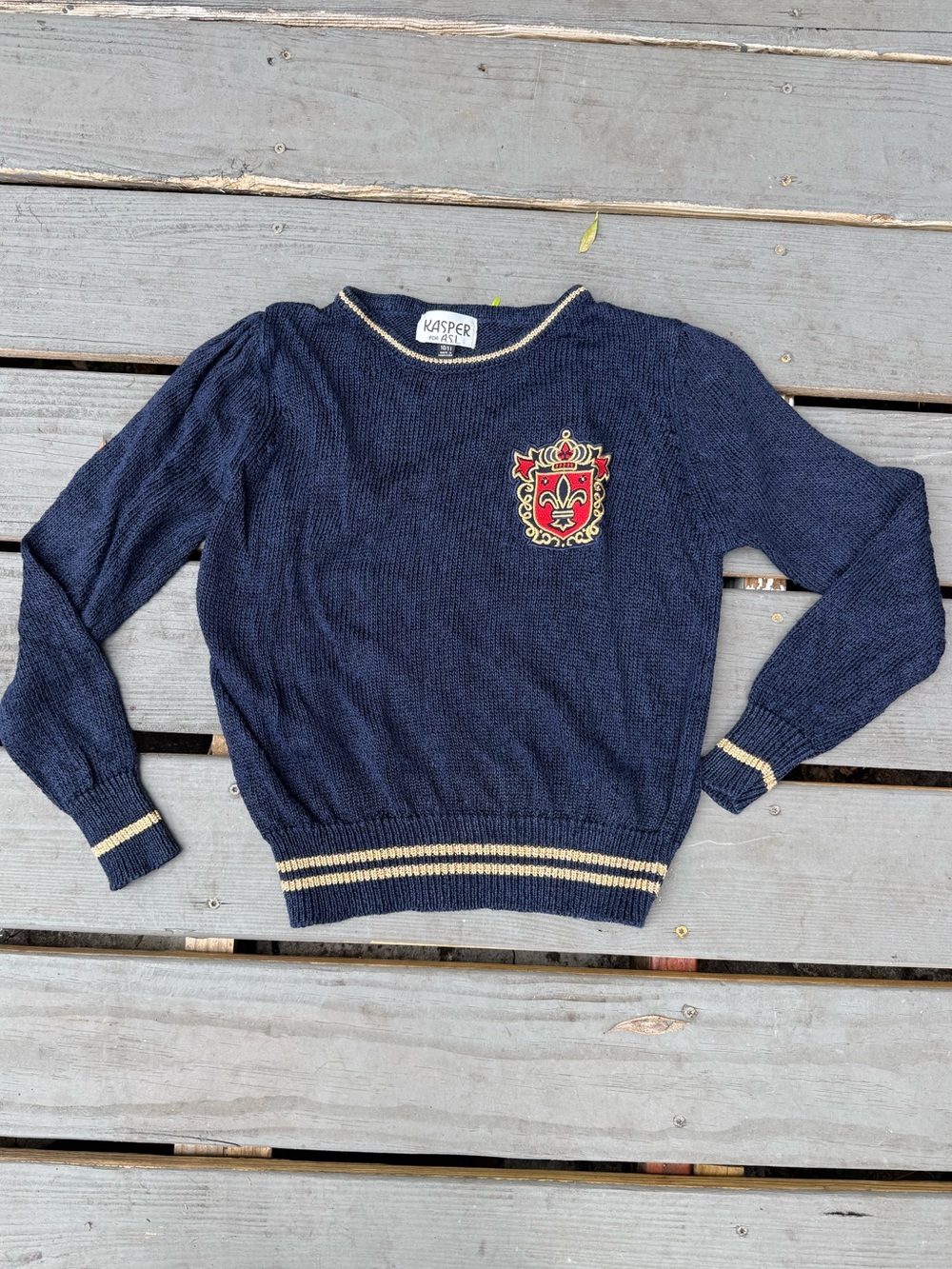 Kasper Navy Knit Sweater with Red and Gold Crest